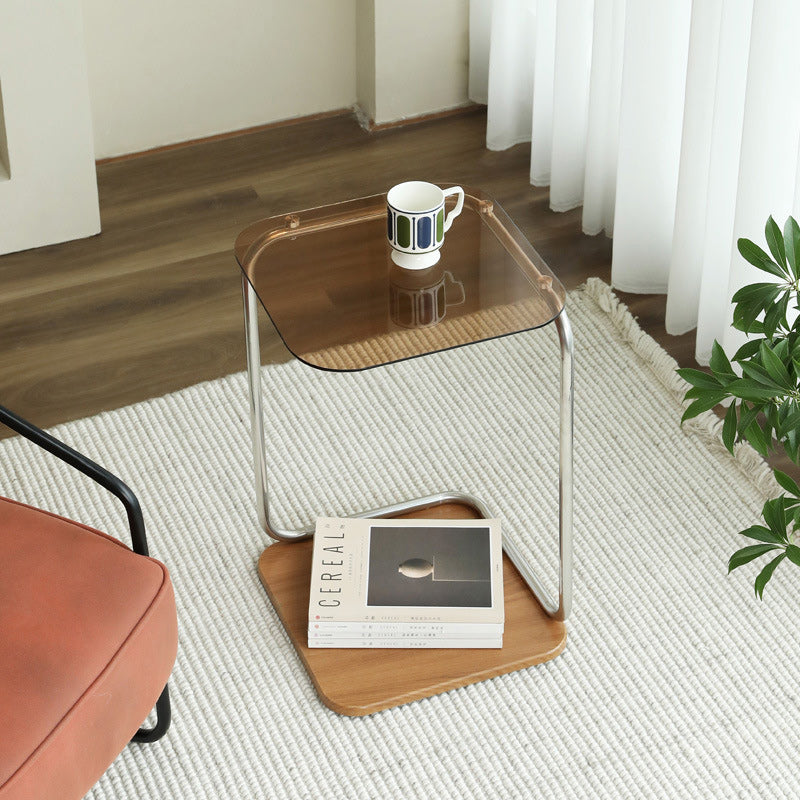 Wood steel glass wood 2-tier square side tables - minimalist