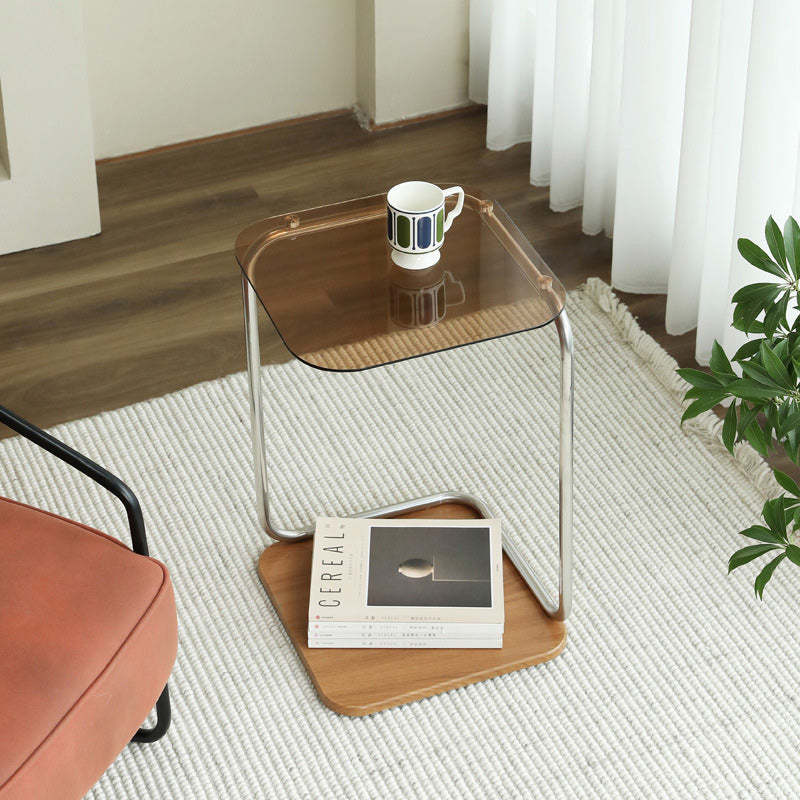 Modern Square Glass Steel 2-Tier Side Table