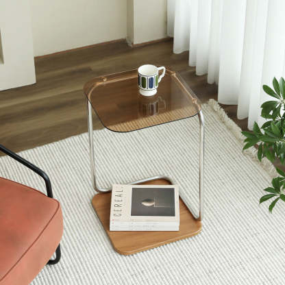 Modern Square Glass Steel 2-Tier Side Table