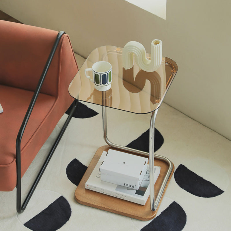 Modern Square Glass Steel 2-Tier Side Table