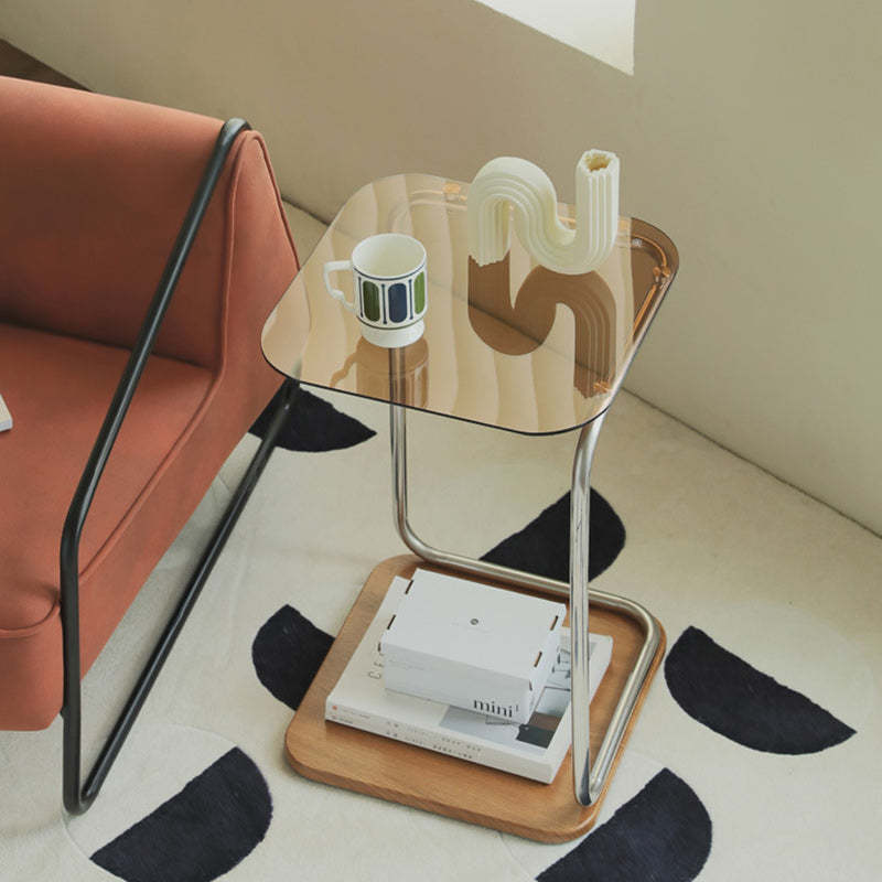 Modern Square Glass Steel 2-Tier Side Table