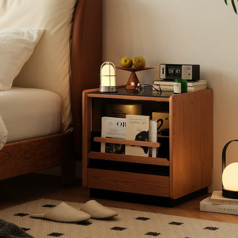 Retro Sintered Stone Cherry Wood Nightstand