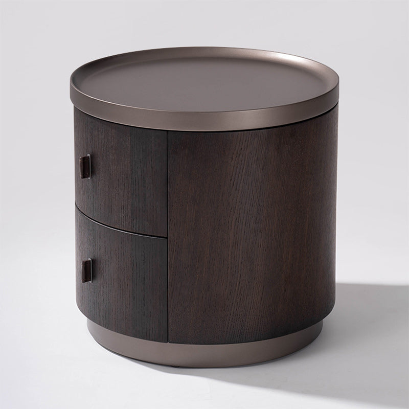 Modern Art Deco Smoked Wood Cylinder Nightstand 2-Drawer