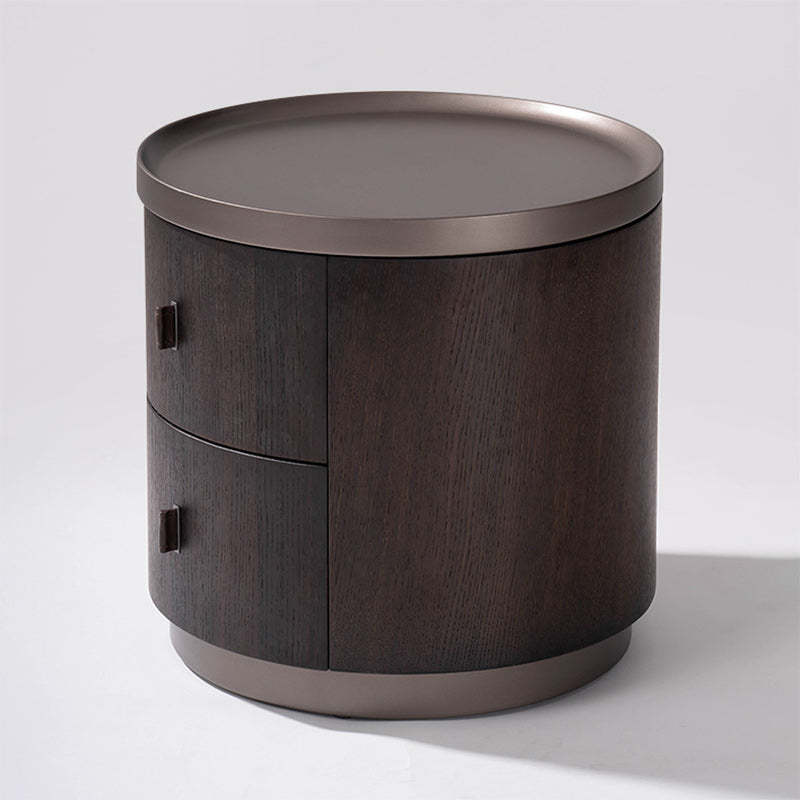 Modern Art Deco Smoked Wood Cylinder Nightstand 2-Drawer