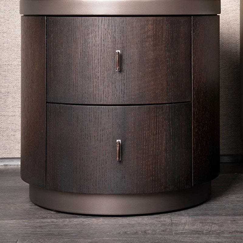 Modern Art Deco Smoked Wood Cylinder Nightstand 2-Drawer