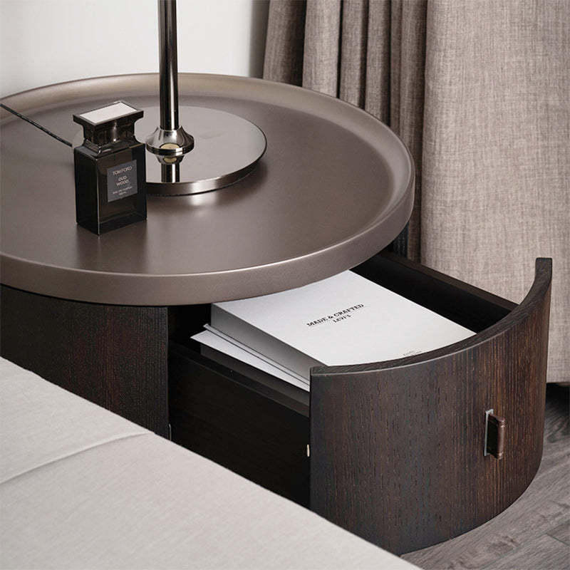Modern Art Deco Smoked Wood Cylinder Nightstand 2-Drawer