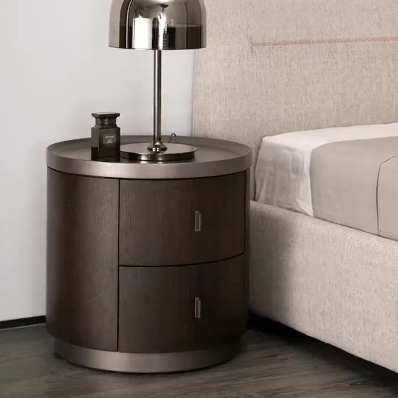 Modern Art Deco Smoked Wood Cylinder Nightstand 2-Drawer