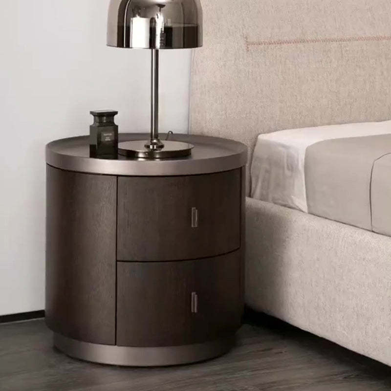 Modern Art Deco Smoked Wood Cylinder Nightstand 2-Drawer