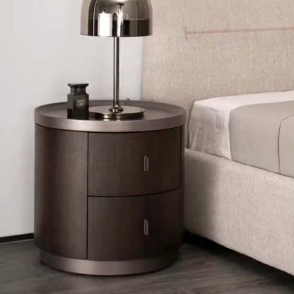 Modern Art Deco Smoked Wood Cylinder Nightstand 2-Drawer