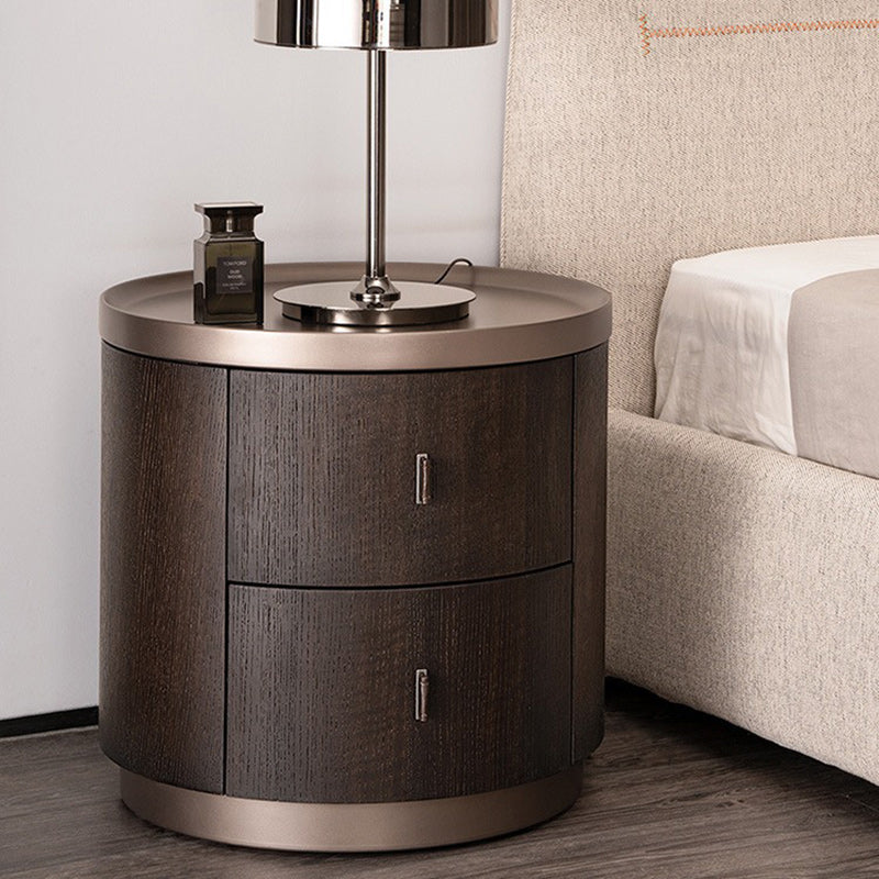 Modern Art Deco Smoked Wood Cylinder Nightstand 2-Drawer