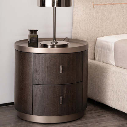 Modern Art Deco Smoked Wood Cylinder Nightstand 2-Drawer — Smoke Gray