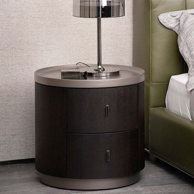 Modern Art Deco Smoked Wood Cylinder Nightstand 2-Drawer