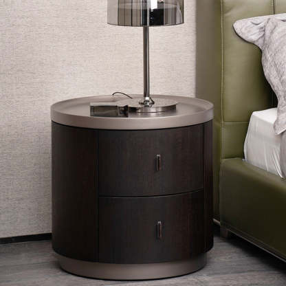 Modern Art Deco Smoked Wood Cylinder Nightstand 2-Drawer