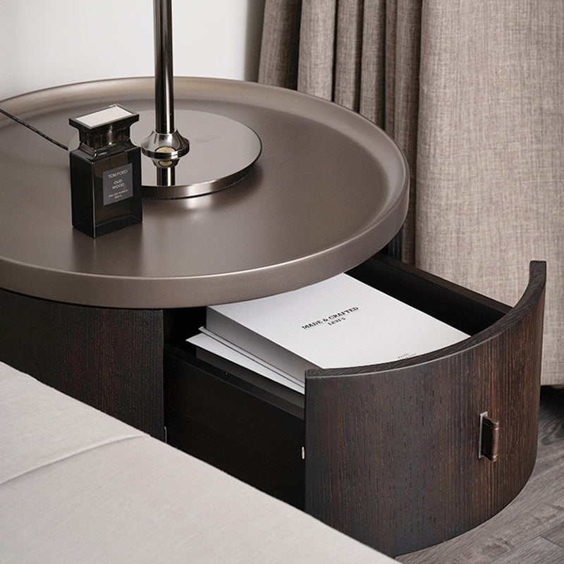 Modern Art Deco Smoked Wood Cylinder Nightstand 2-Drawer