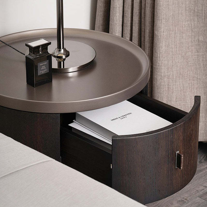 Modern Art Deco Smoked Wood Cylinder Nightstand 2-Drawer
