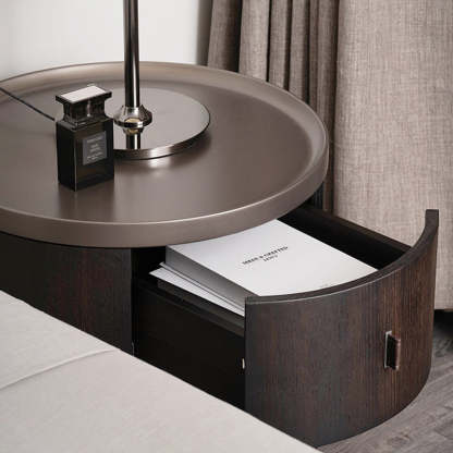 Modern Art Deco Smoked Wood Cylinder Nightstand 2-Drawer