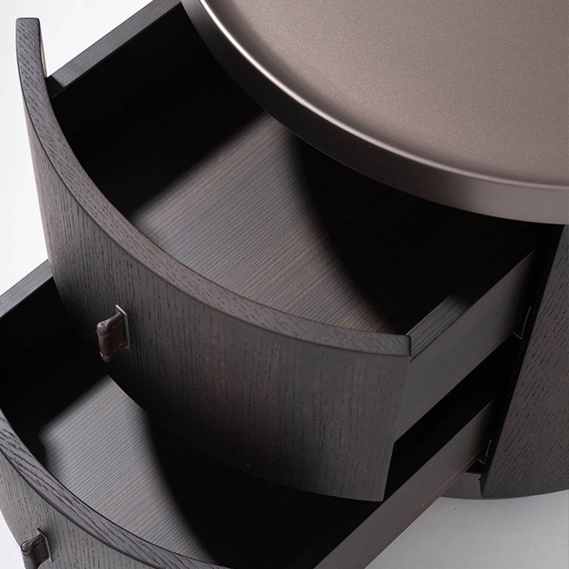 Modern Art Deco Smoked Wood Cylinder Nightstand 2-Drawer