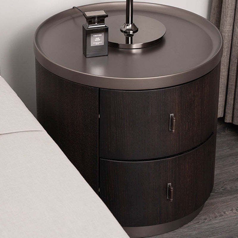 Modern Art Deco Smoked Wood Cylinder Nightstand 2-Drawer