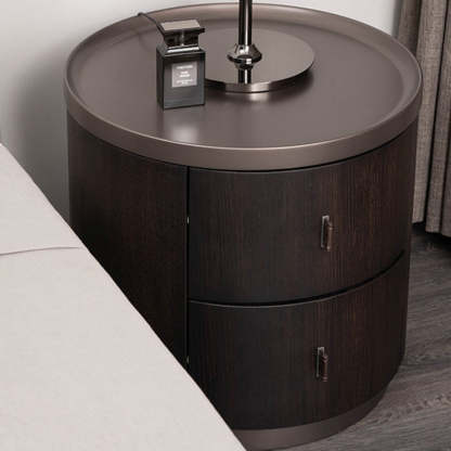 Modern Art Deco Smoked Wood Cylinder Nightstand 2-Drawer