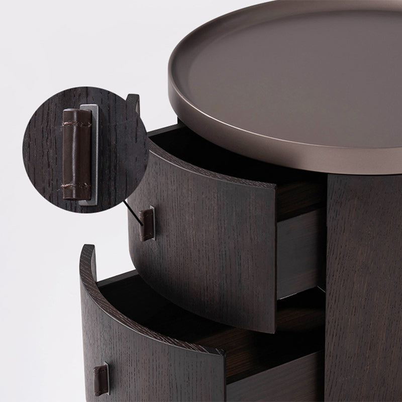 Modern Art Deco Smoked Wood Cylinder Nightstand 2-Drawer