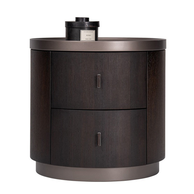 Modern Art Deco Smoked Wood Cylinder Nightstand 2-Drawer