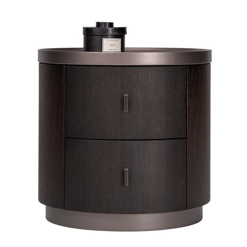 Modern Art Deco Smoked Wood Cylinder Nightstand 2-Drawer