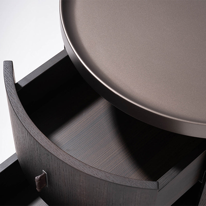 Modern Art Deco Smoked Wood Cylinder Nightstand 2-Drawer