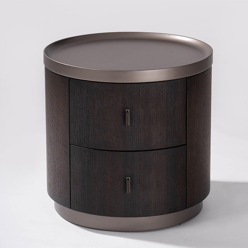 Modern Art Deco Smoked Wood Cylinder Nightstand 2-Drawer