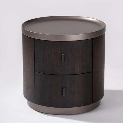 Modern Art Deco Smoked Wood Cylinder Nightstand 2-Drawer