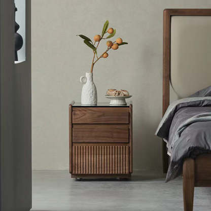 Nordic Tempered Glass Walnut 3-Drawer Side Table