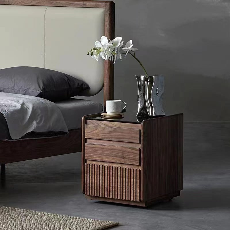 Nordic Tempered Glass Walnut 3-Drawer Side Table — Black Walnut Color