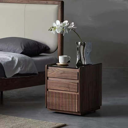 Nordic Tempered Glass Walnut 3-Drawer Side Table — Black Walnut Color