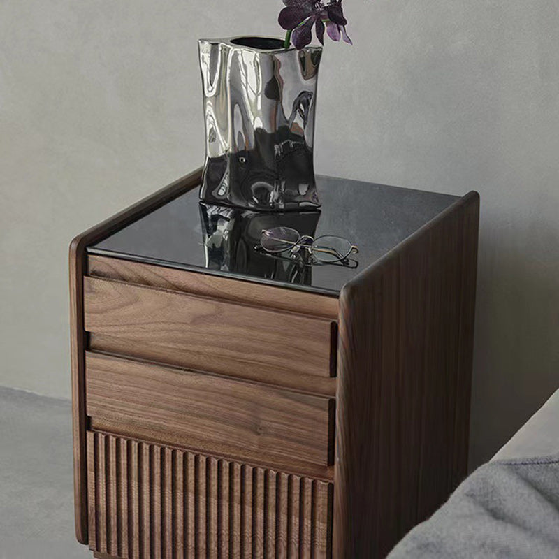 Nordic Tempered Glass Walnut 3-Drawer Side Table