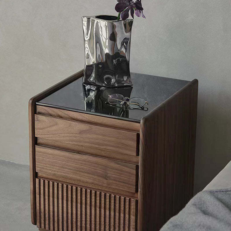 Nordic Tempered Glass Walnut 3-Drawer Side Table