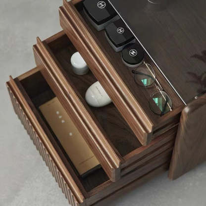 Nordic Tempered Glass Walnut 3-Drawer Side Table