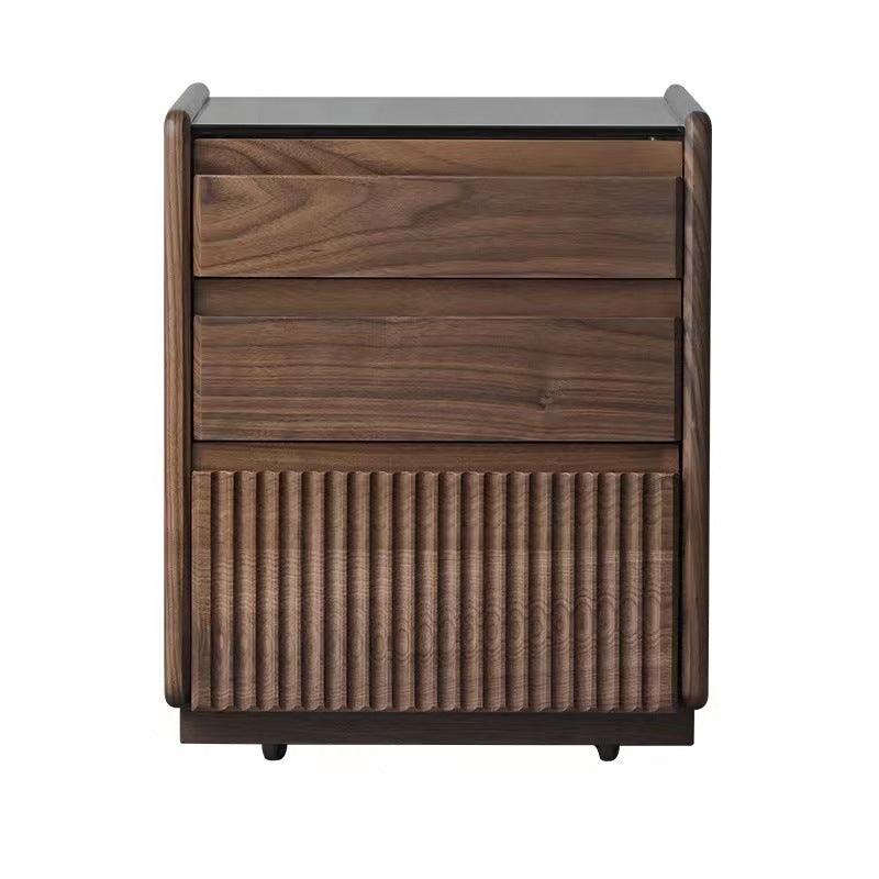 Nordic Tempered Glass Walnut 3-Drawer Side Table