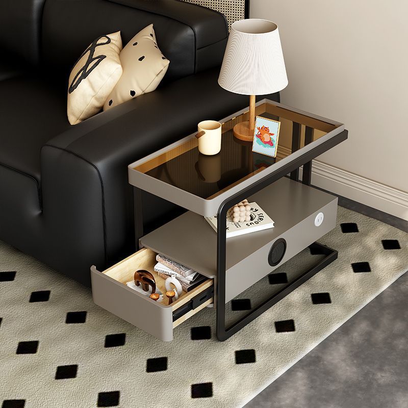 Nordic Rectangle Glass 1-Drawer Side Table — Smart Speaker + USB / Gray