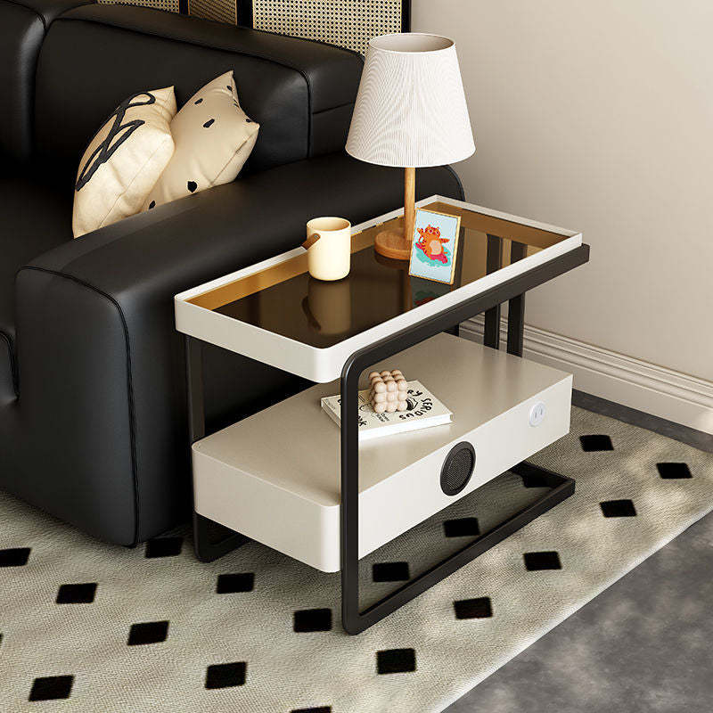 Nordic Rectangle Glass 1-Drawer Side Table — Smart Speaker + USB / White