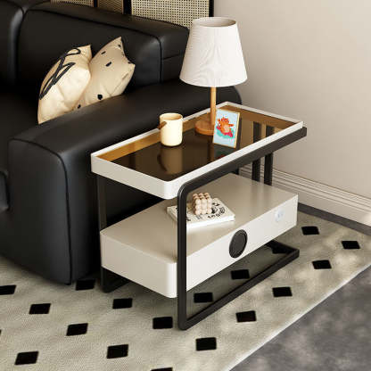 Nordic Rectangle Glass 1-Drawer Side Table — Smart Speaker + USB / White