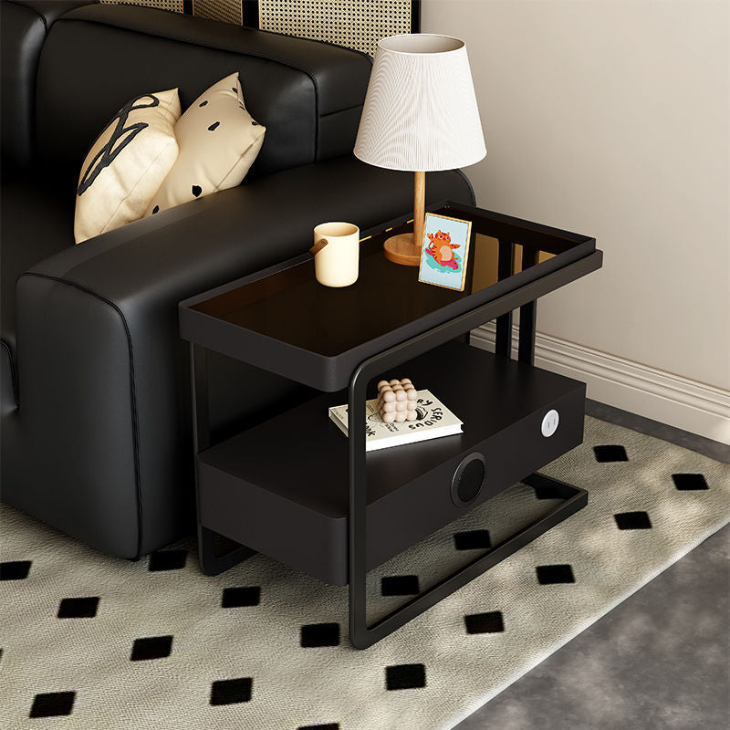 Nordic Rectangle Glass 1-Drawer Side Table — Smart Speaker + USB / Black