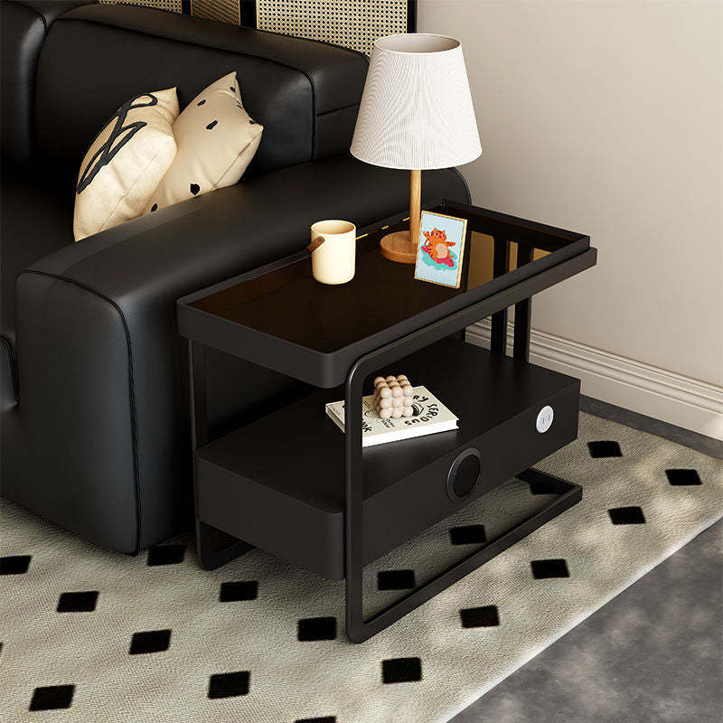 Nordic Rectangle Glass 1-Drawer Side Table — Smart Speaker + USB / Black