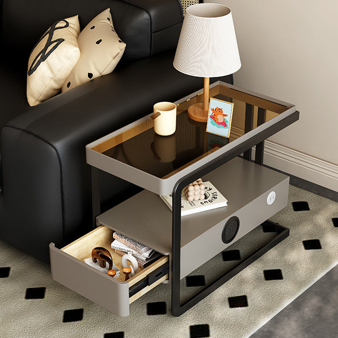Nordic Rectangle Glass 1-Drawer Side Table — Smart Speaker + USB / Black