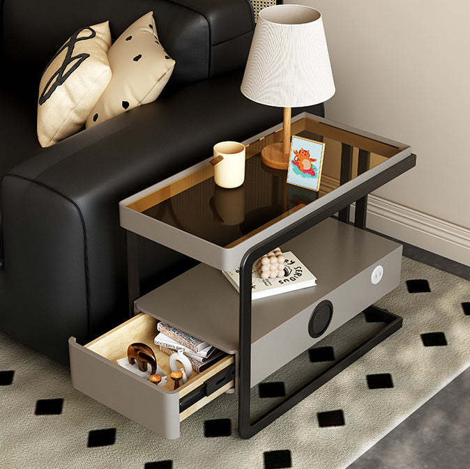 Nordic Rectangle Glass 1-Drawer Side Table — Smart Speaker + USB / Black