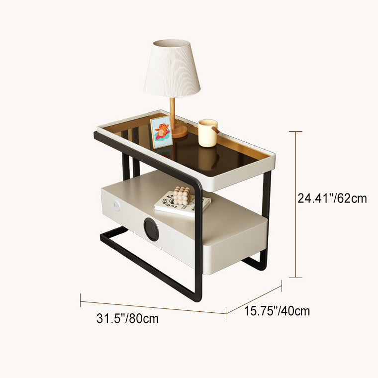 Nordic Rectangle Glass 1-Drawer Side Table — Smart Speaker + USB / Gray