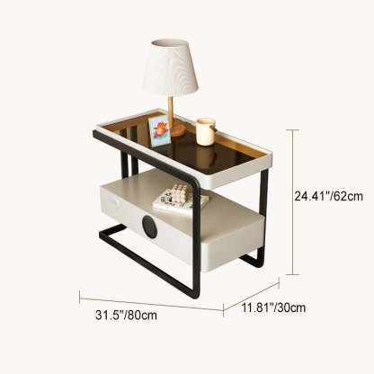 Nordic Rectangle Glass 1-Drawer Side Table — Smart Speaker + USB / White
