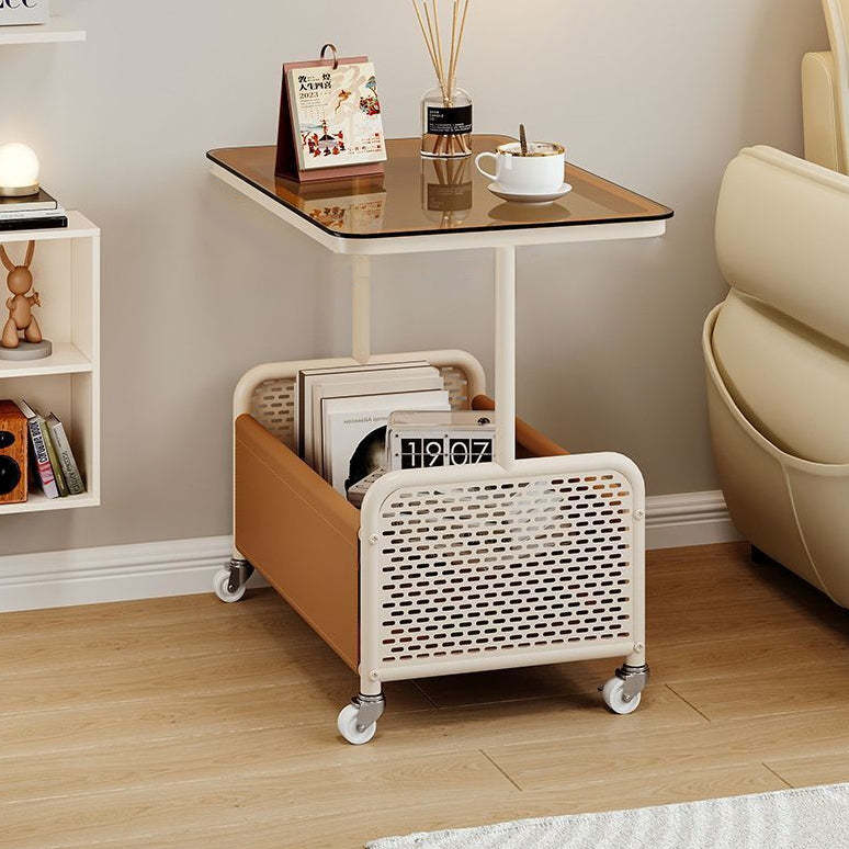 Nordic Steel Leather Glass 4-Wheel Side Table