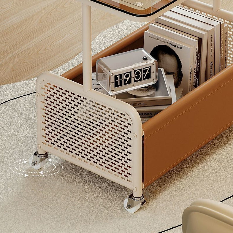 Nordic Steel Leather Glass 4-Wheel Side Table