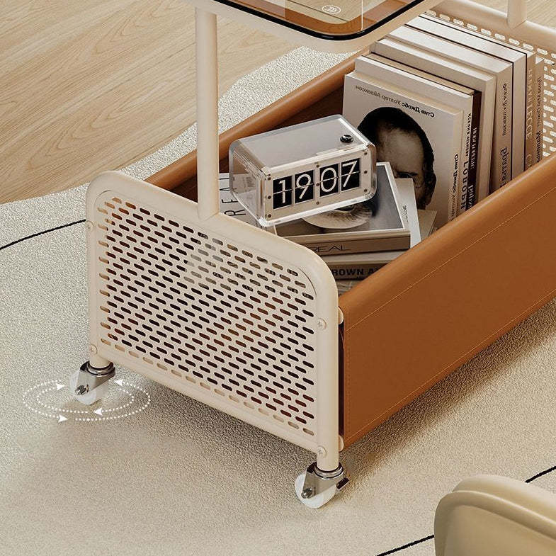 Nordic Steel Leather Glass 4-Wheel Side Table