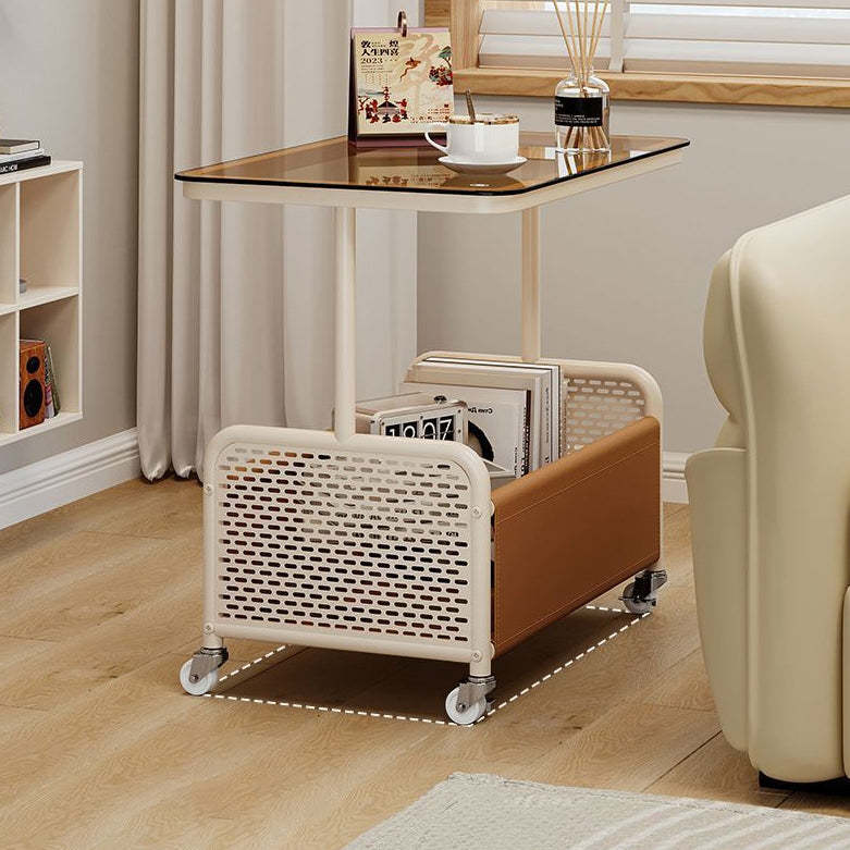 Nordic Steel Leather Glass 4-Wheel Side Table