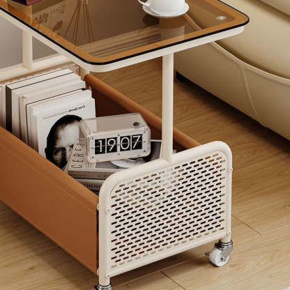 Nordic Steel Leather Glass 4-Wheel Side Table